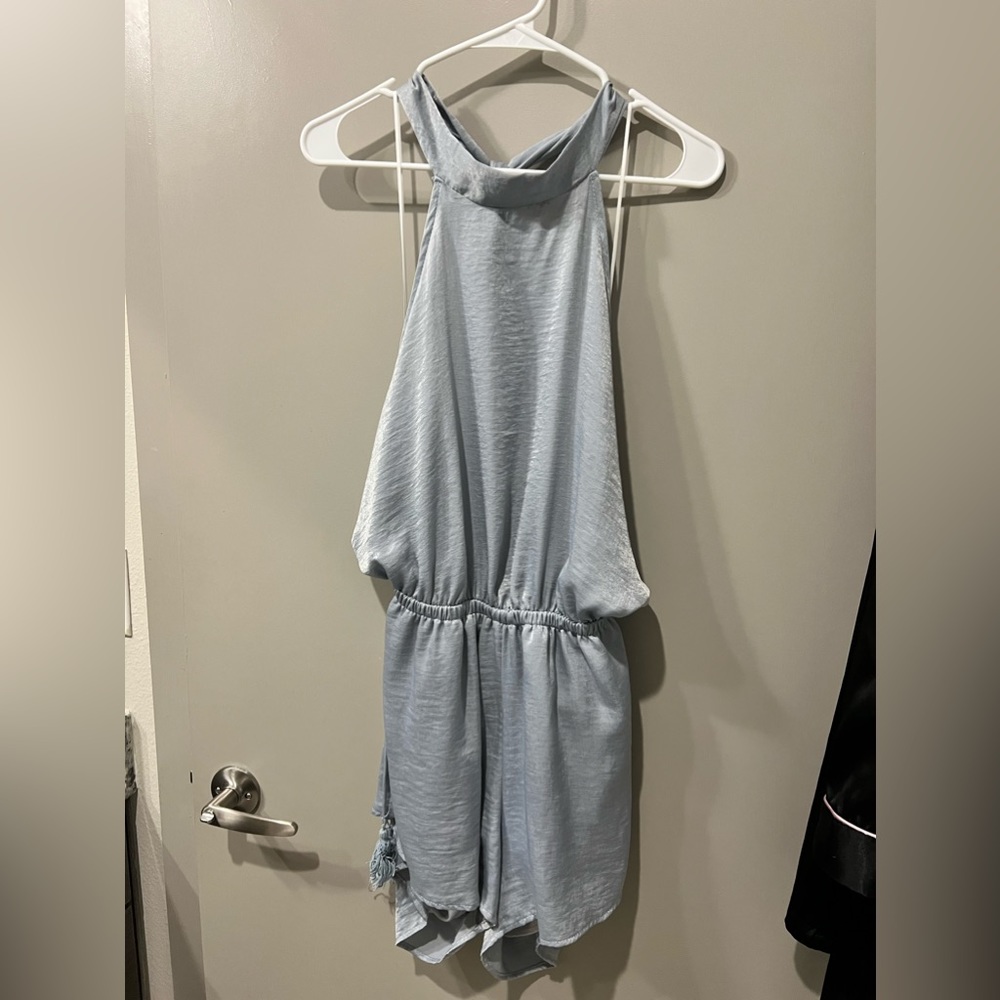 Powder blue/silver backless romper